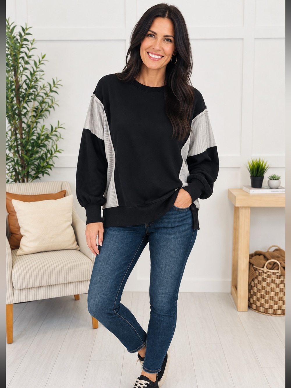 New! Oddi Black and Gray Colorblock Pullover Sweatshirt